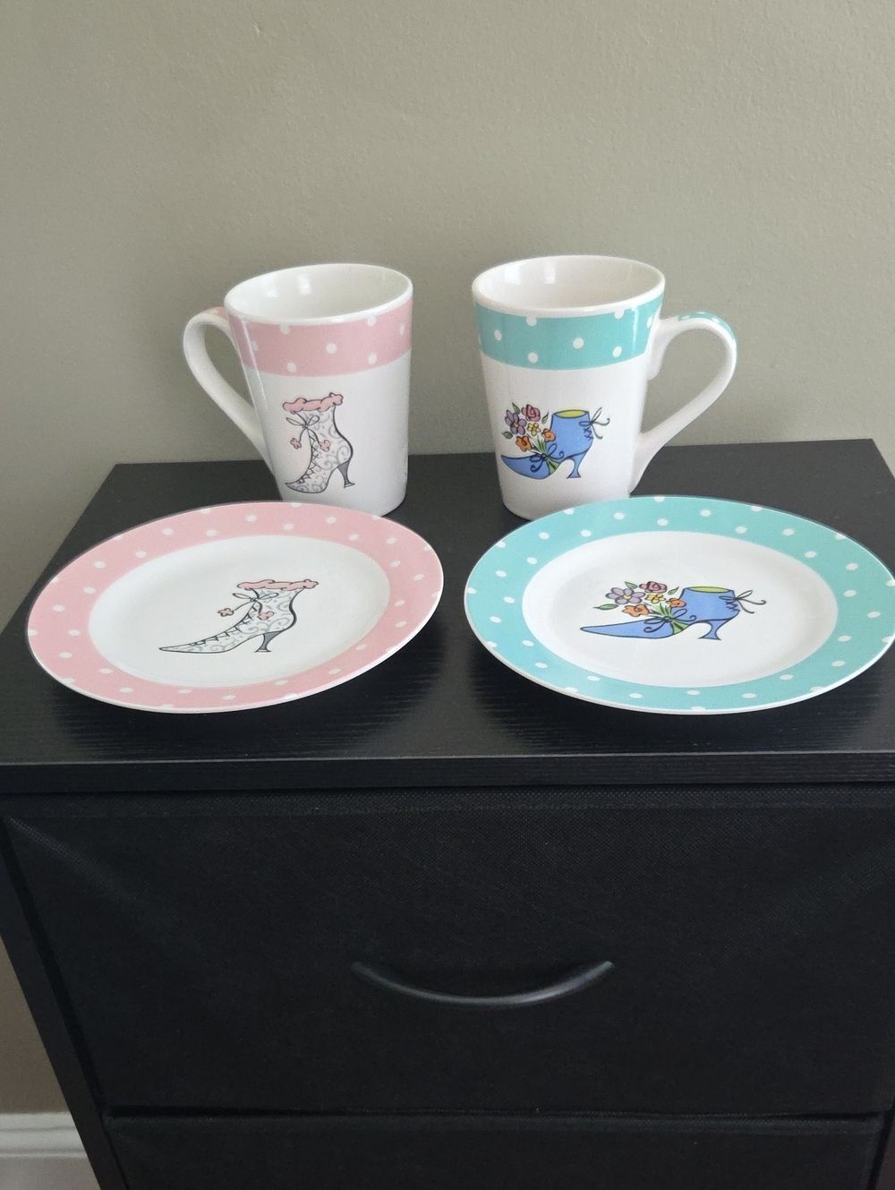 Vtg. WCL Set Of 2 Polka Dot Victorian High Heel Shoe Mugs & Plates
